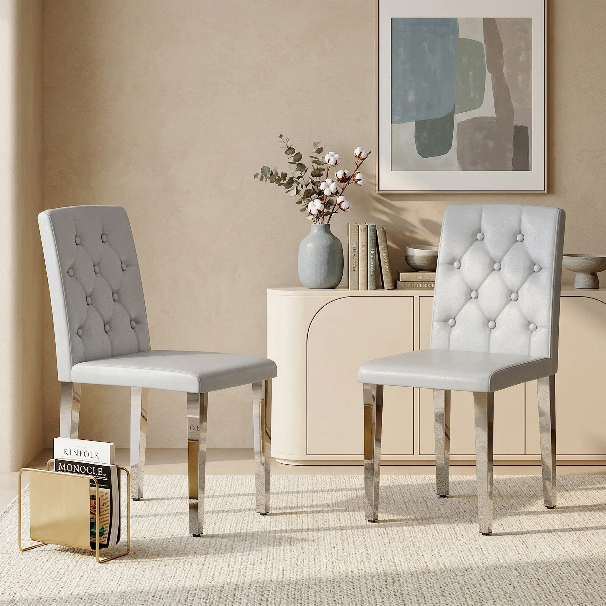 Sailvan PU Dining Chairs, 35 Inch Ergonomic Buckle Backrest with Silver Metal Legs