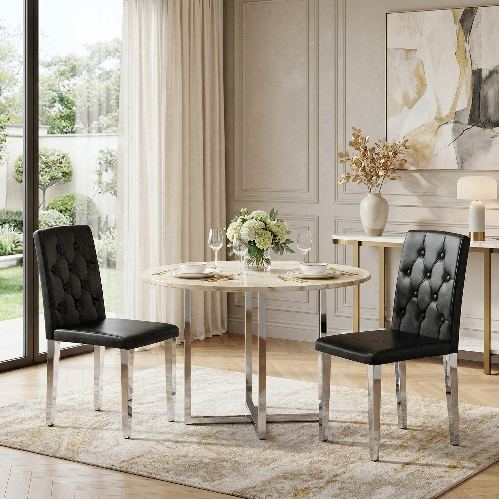 Sailvan PU Dining Chairs, 35 Inch Ergonomic Buckle Backrest with Silver Metal Legs