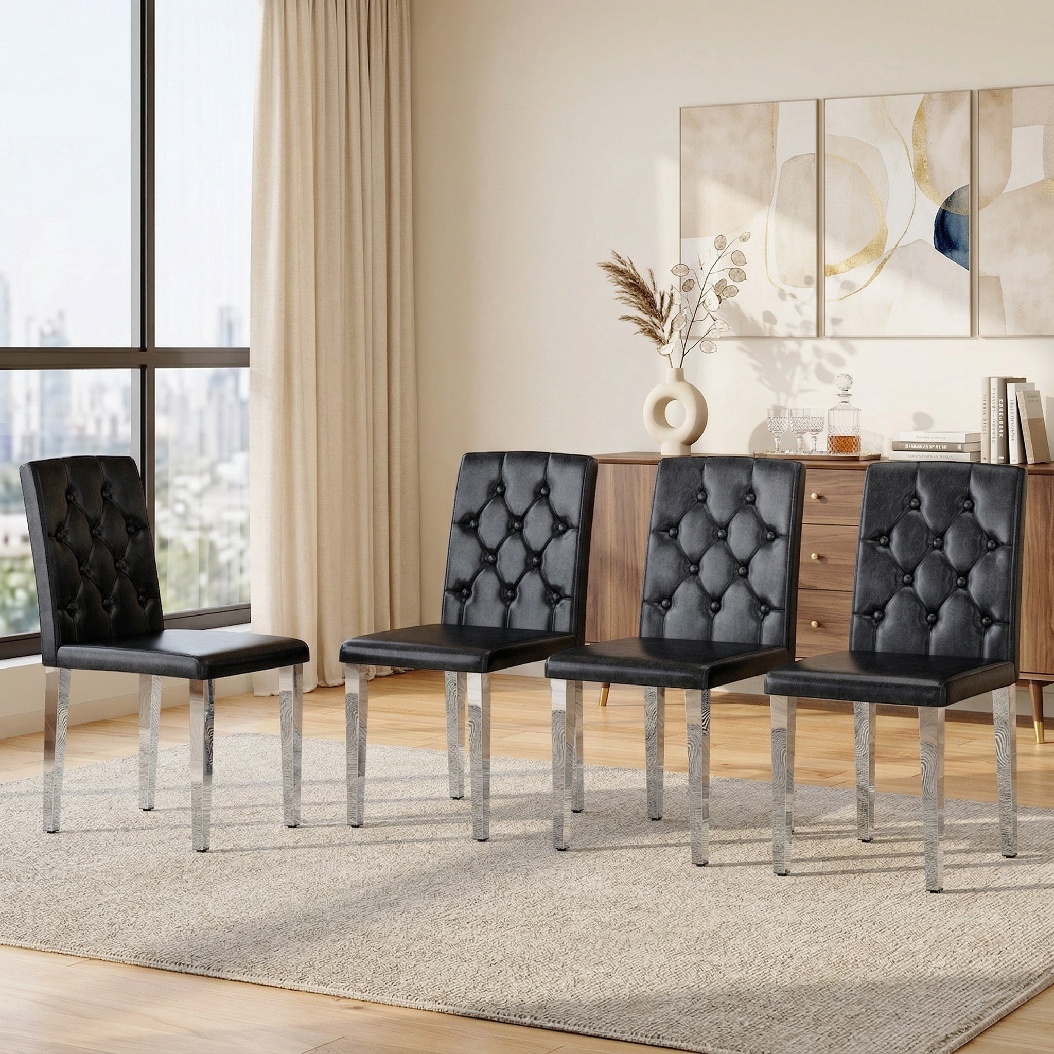 Sailvan PU Dining Chairs, 35 Inch Ergonomic Buckle Backrest with Silver Metal Legs