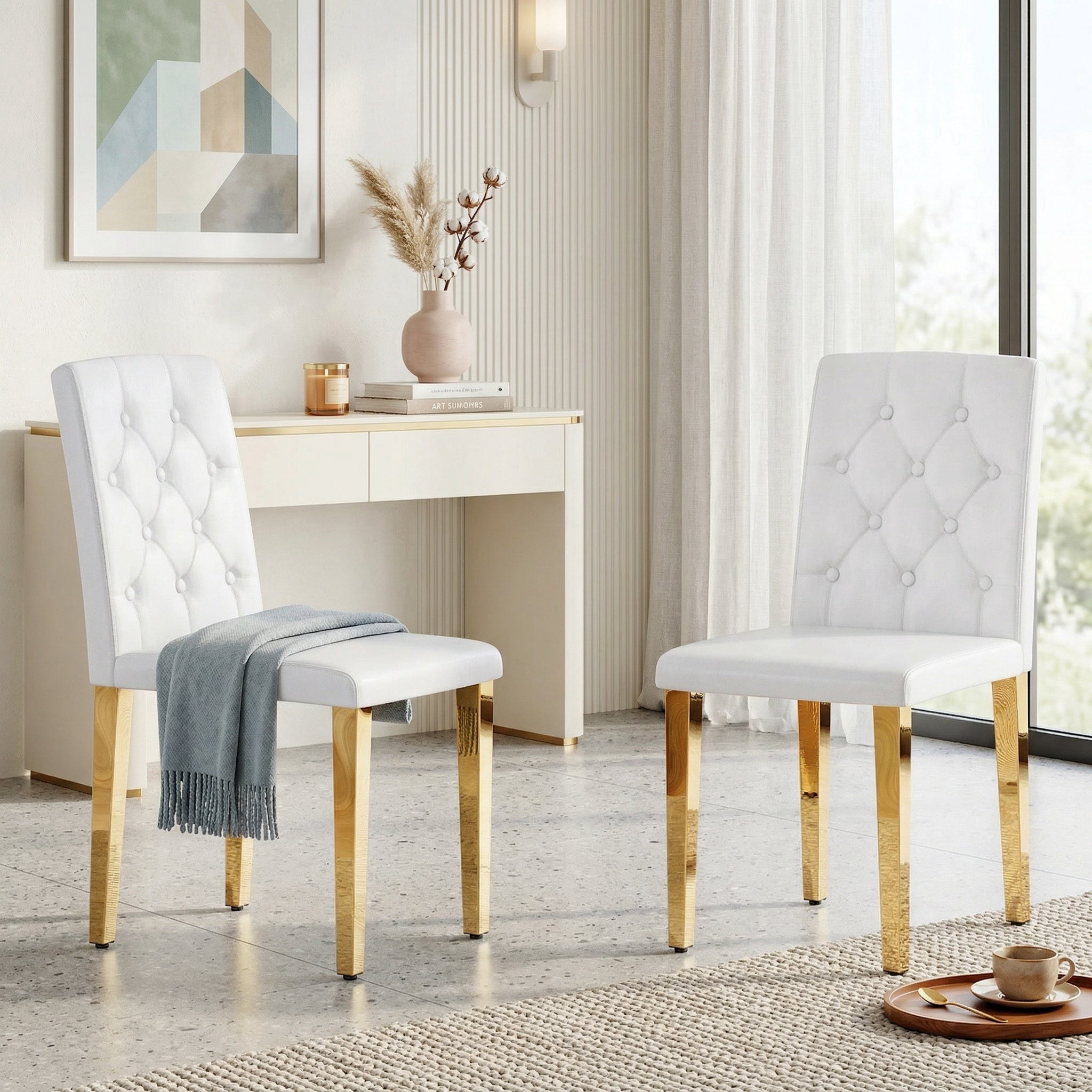 Sailvan PU Dining Chairs, 35 Inch Ergonomic Buckle Backrest with Silver Metal Legs