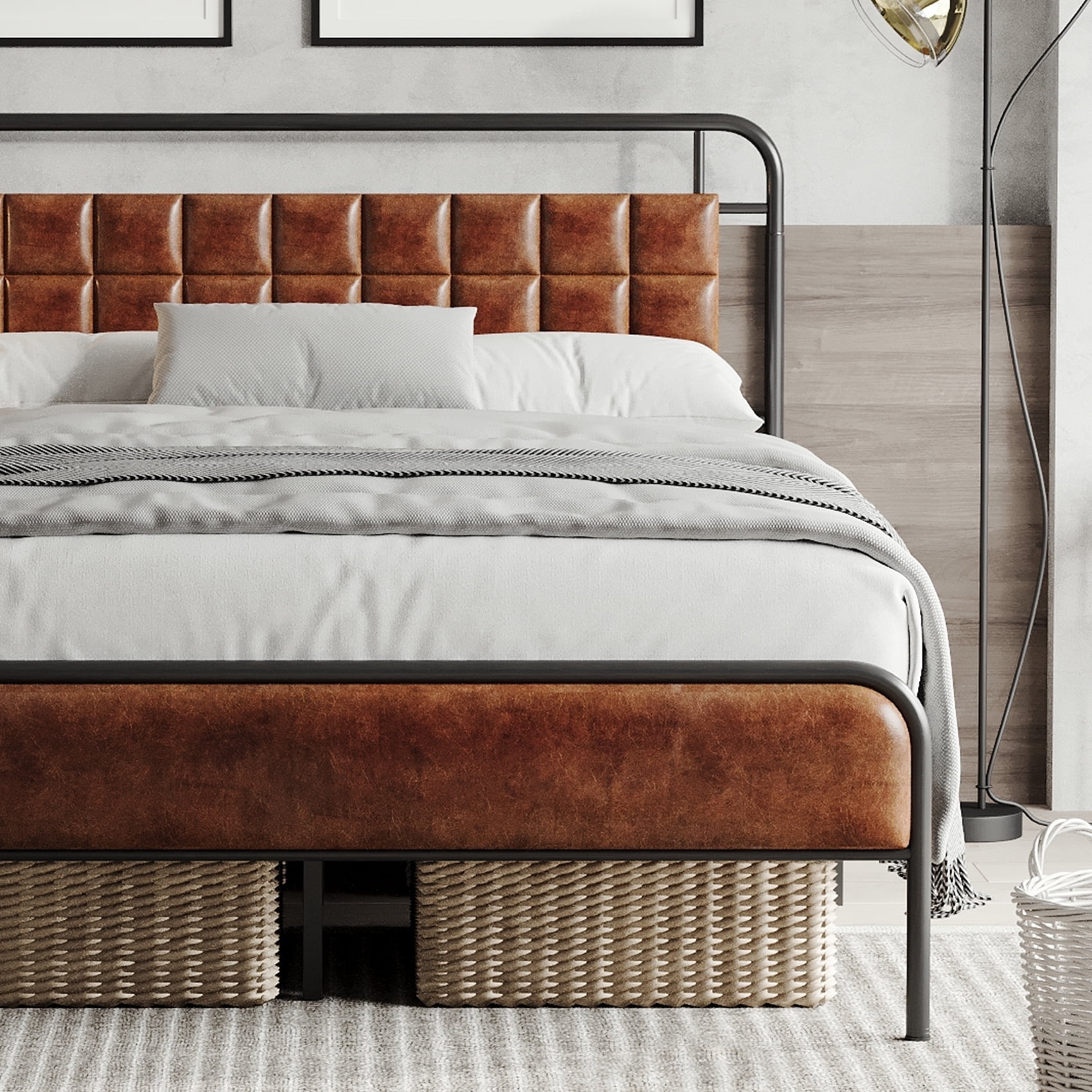 Sailvan Queen Bed Frame, Queen Size Metal Platform Beds with Upholstered Headboard & Footboard, 12" Underbed Storage Space, Heavy Duty, Easy Assembly, Noise-Free, Brown