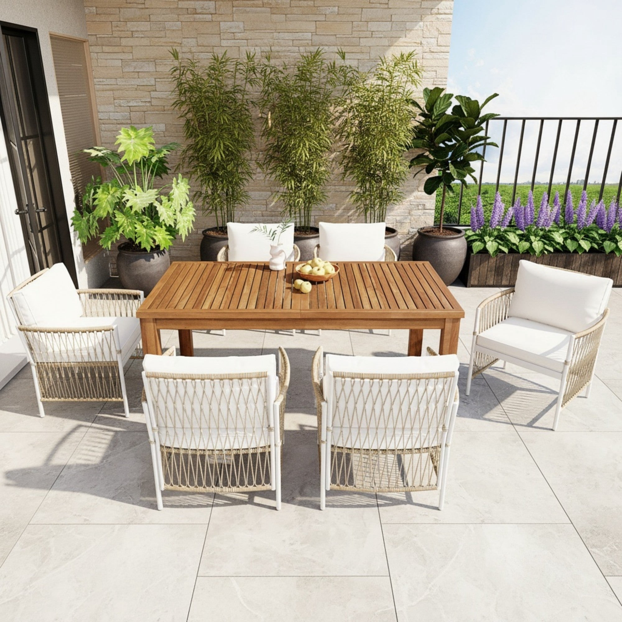 Sailvan Patio Dining Set of 7with 67" Acacia Wood Table and Rattan Armchairs,Weather-Resistant Outdoor Furniture for Garden & Poolside Natural