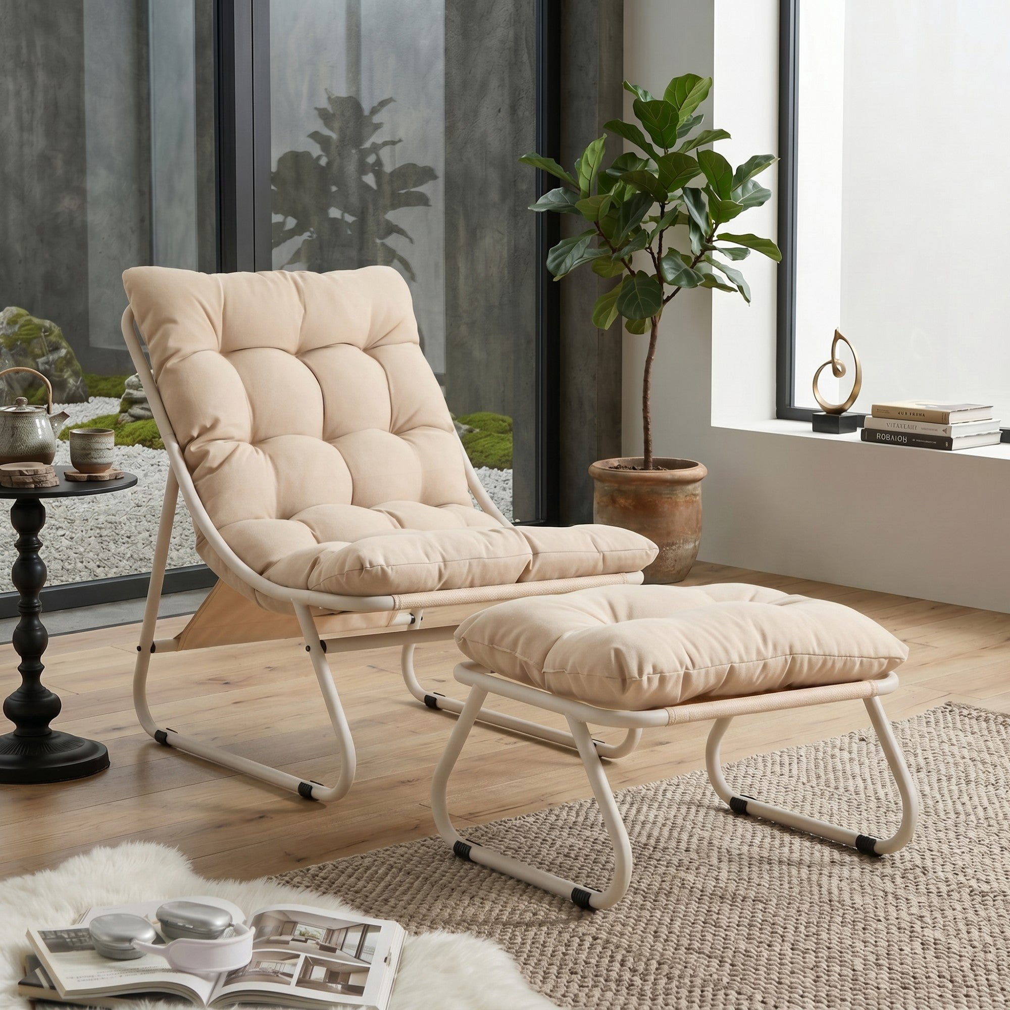 Sailvan Patio Outdoor Lounge Chair with Ottoman,Modern Sling Recliner with Puffy Cushion,Beige Accent Chair for Sunroom Beige