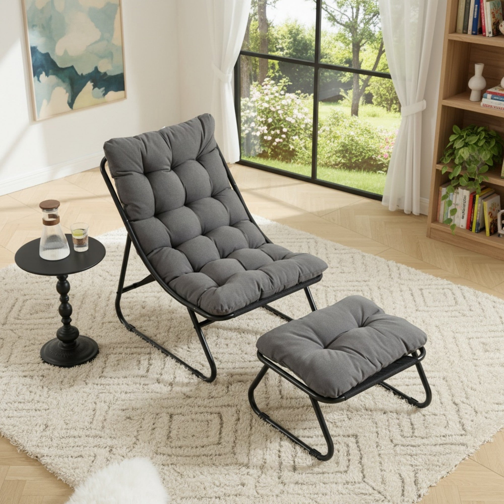 Sailvan Patio Outdoor Lounge Chair with Ottoman,Modern Sling Recliner with Puffy Cushion,Beige Accent Chair for Sunroom Grey