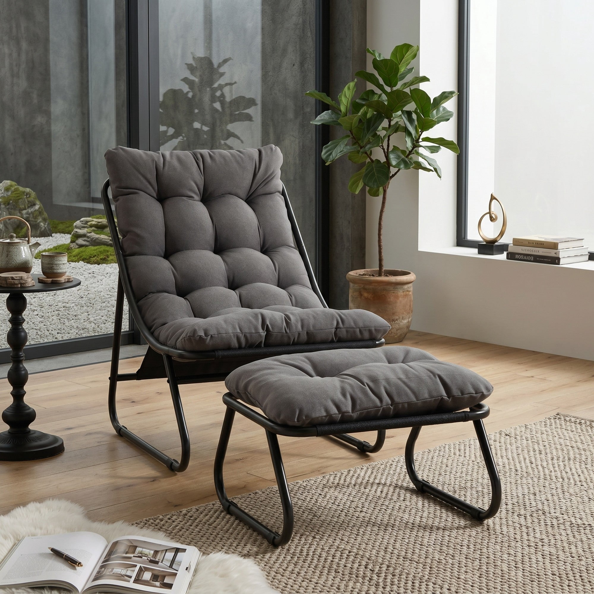 Sailvan Patio Outdoor Lounge Chair with Ottoman,Modern Sling Recliner with Puffy Cushion,Beige Accent Chair for Sunroom Light Grey