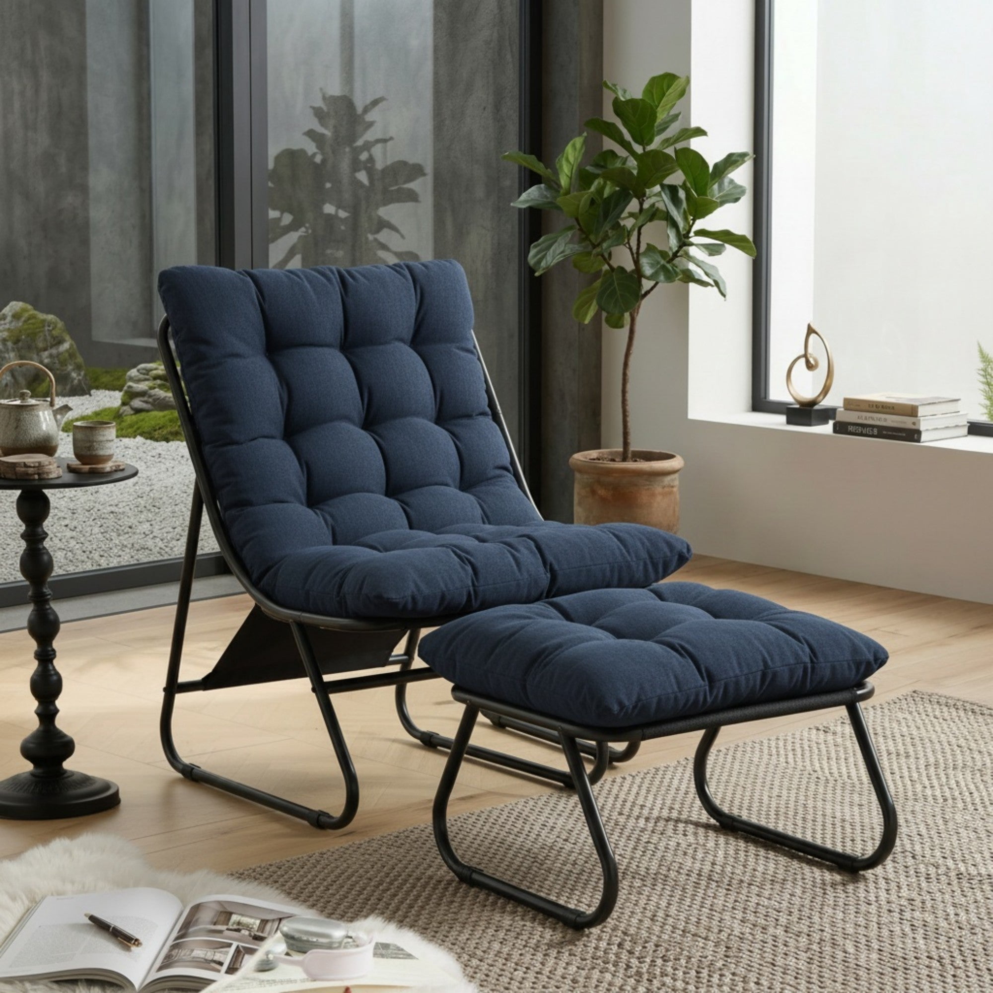 Sailvan Patio Outdoor Lounge Chair with Ottoman,Modern Sling Recliner with Puffy Cushion,Beige Accent Chair for Sunroom Navy Blue