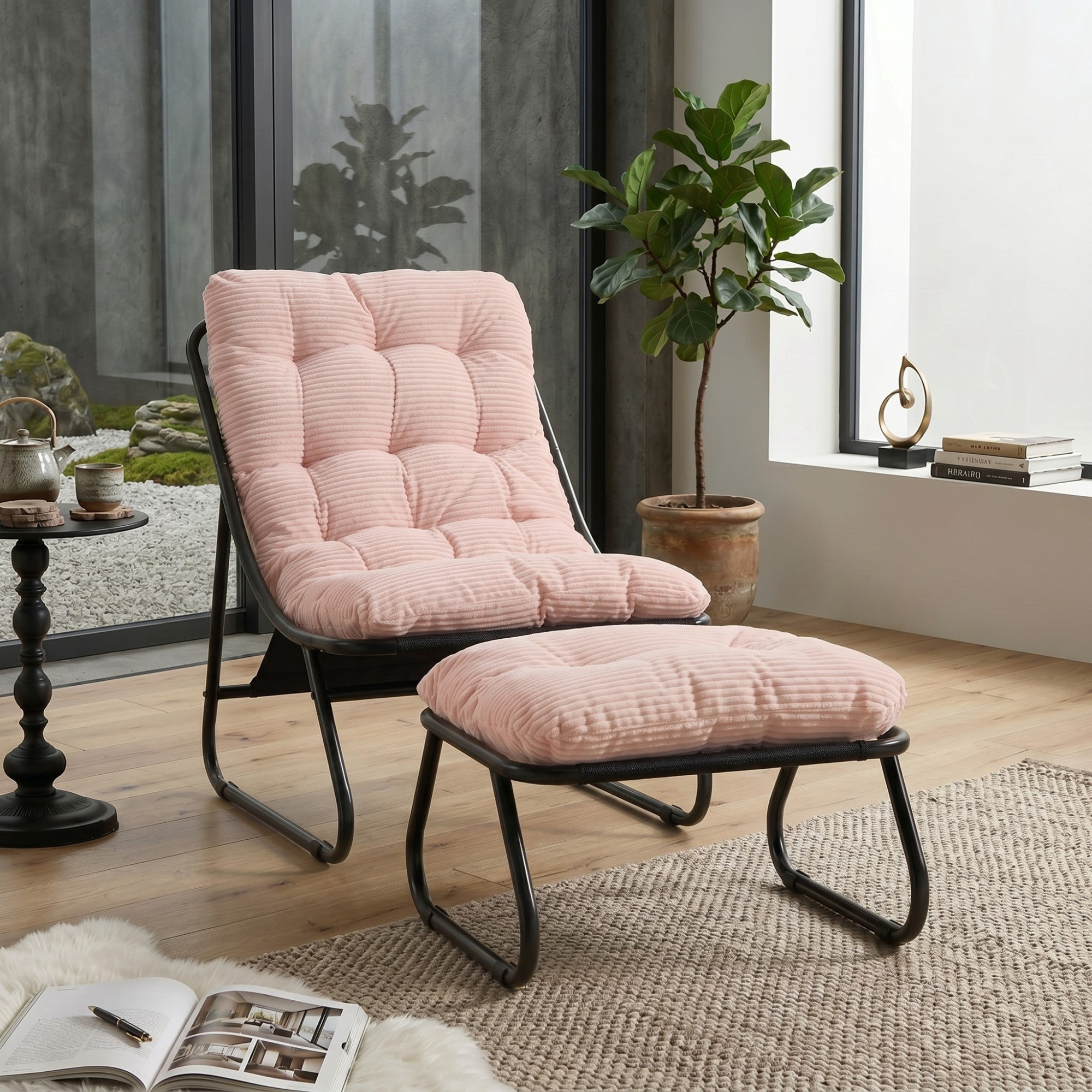 Sailvan Patio Outdoor Lounge Chair with Ottoman,Modern Sling Recliner with Puffy Cushion,Beige Accent Chair for Sunroom Pink