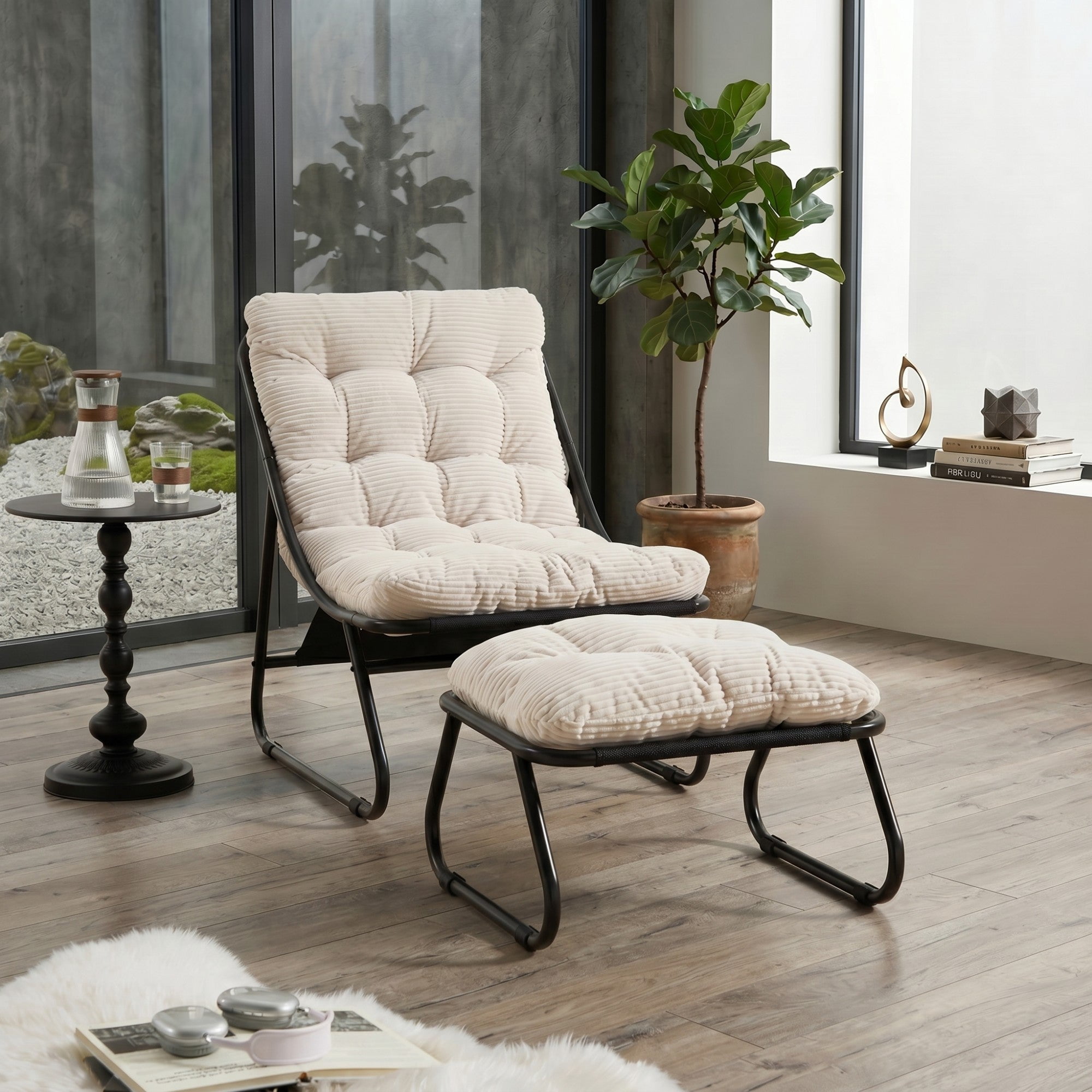 Sailvan Patio Outdoor Lounge Chair with Ottoman,Modern Sling Recliner with Puffy Cushion,Beige Accent Chair for Sunroom White