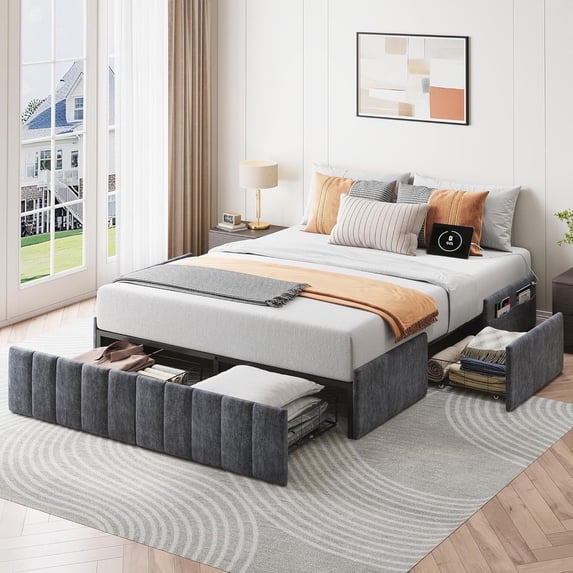 Sailvan Queen Size Bed Frame with Charging Station and 4 Storage Drawers, Upholstered Platform Bed Frame with Pockets,Wooden Slats Support, No Box Spring Needed, Noise Free, Easy Assembly, Grey