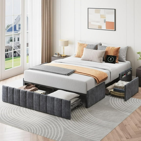 Sailvan Queen Size Bed Frame with Charging Station and 4 Storage Drawers, Upholstered Platform Bed Frame with Pockets,Wooden Slats Support, No Box Spring Needed, Noise Free, Easy Assembly, Grey
