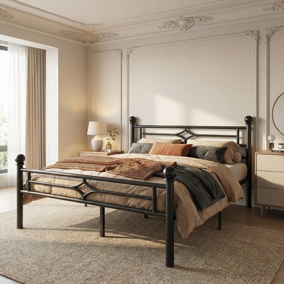 Sailvan Queen Bed Frame, Heavy-duty Metal Bed Frames with Headboard, No Box Spring Needed, Black