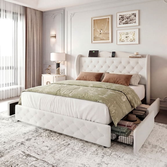 Sailvan Queen Bed Frame with Tall Wingback Headboard,Upholstered Platform Bed Frame with Charging Station, 4 Storage Drawers, Button Tufted, Easy Assembly, No Box Spring Needed, Beige