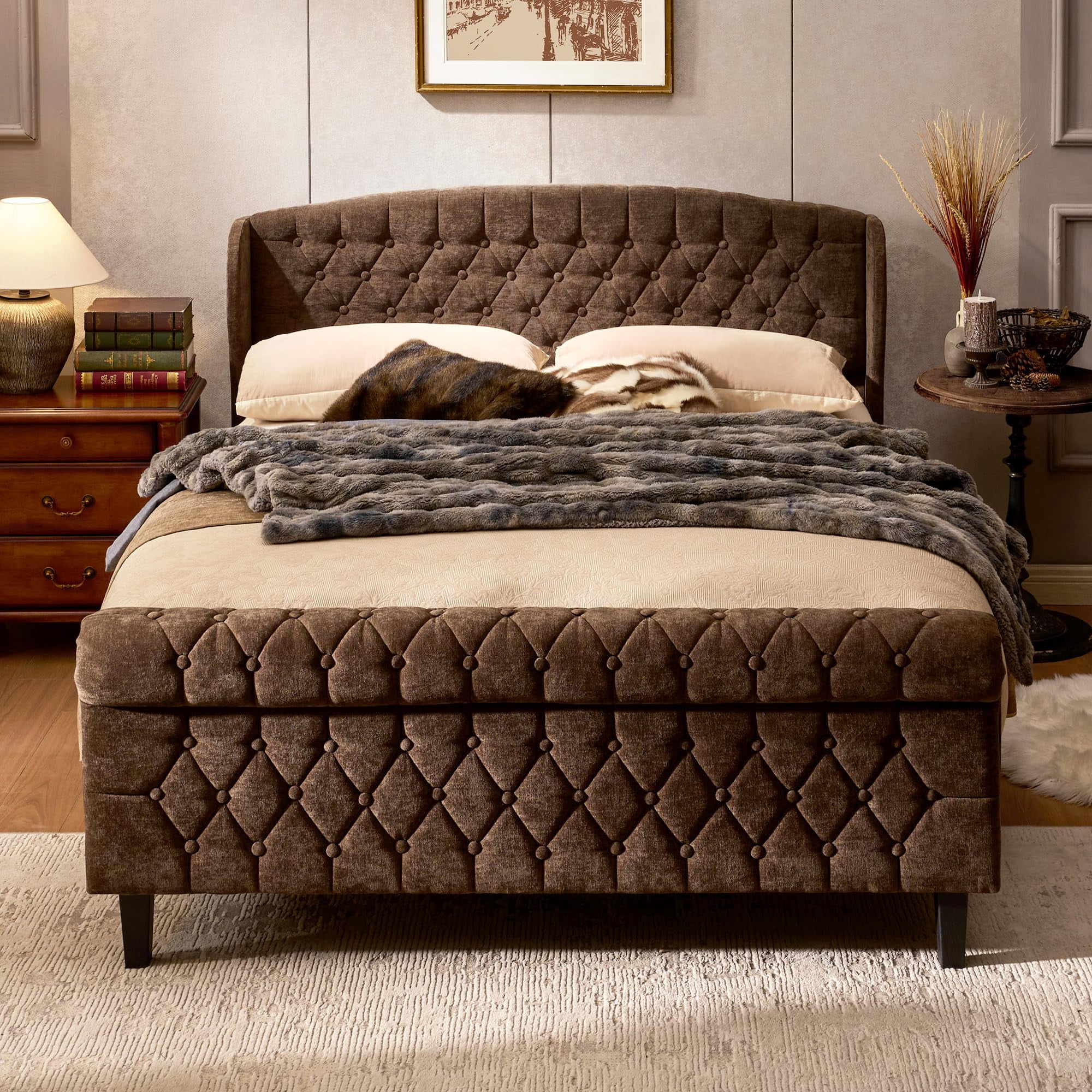 Sailvan Queen Bed Frame, Upholstered Sleigh Bed Frame with Wingback Headboard, Wood Bed Frame No Box Spring Needed Easy Assembly