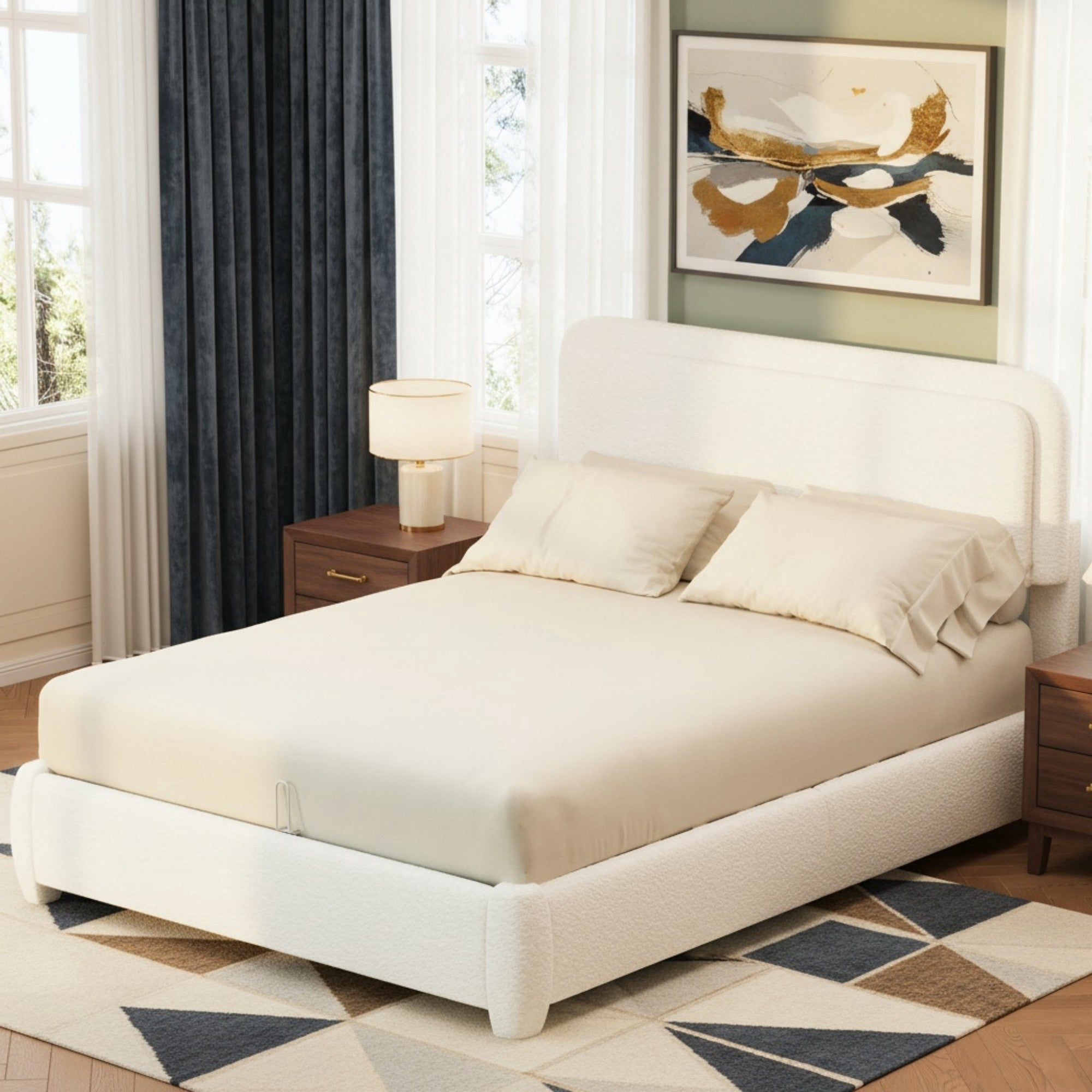 Sailvan Queen Bed Frame with Adjustable Cloud Headboard,Modern White Boucle Platform Bed,No Box Spring Needed,Curved Upholstered Bed