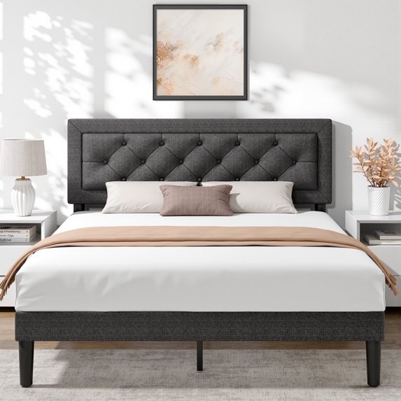 Sailvan Queen Bed Frame with Upholstered Headboard,Platform Bed Frame Queen Size , Button Tufted Headboard, No Box Spring Required,Noise Free, 1000 lbs Capacity