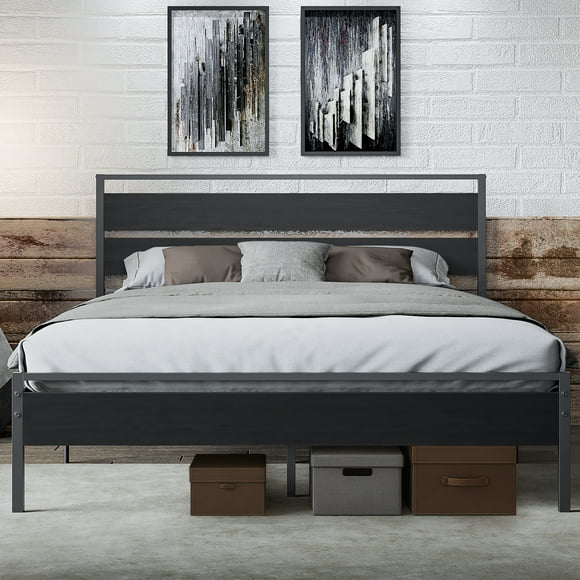 Sailvan Queen Size Bed Frame with Headboard, Heavy Duty Metal Platform Bed Frame with 12.5'' Under-Bed Space, Steel Slat Support, Easy Assembly, Noise Free, Black