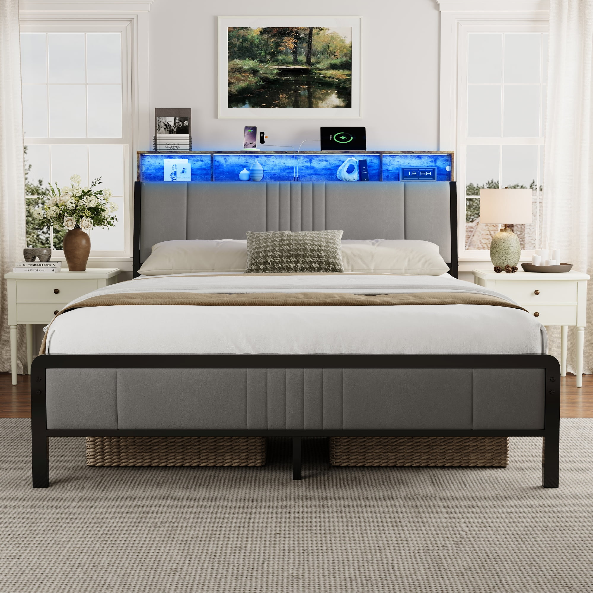 Sailvan Queen Bed Frame with Headboard, Platform Metal Bed Frame Queen Size with Under Storage,  LED Light, Charging Station & Velvet Upholstered, No Box Spring Needed, Noise-Free