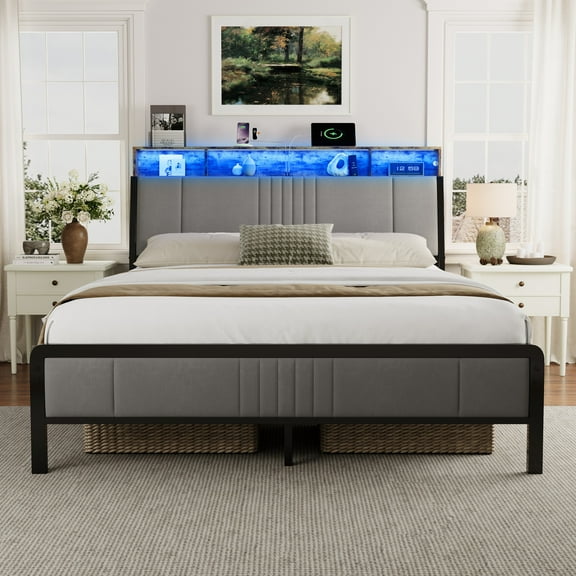 Sailvan Queen Bed Frame with Headboard, Platform Metal Bed Frame Queen Size with Under Storage,  LED Light, Charging Station & Velvet Upholstered, No Box Spring Needed, Noise-Free