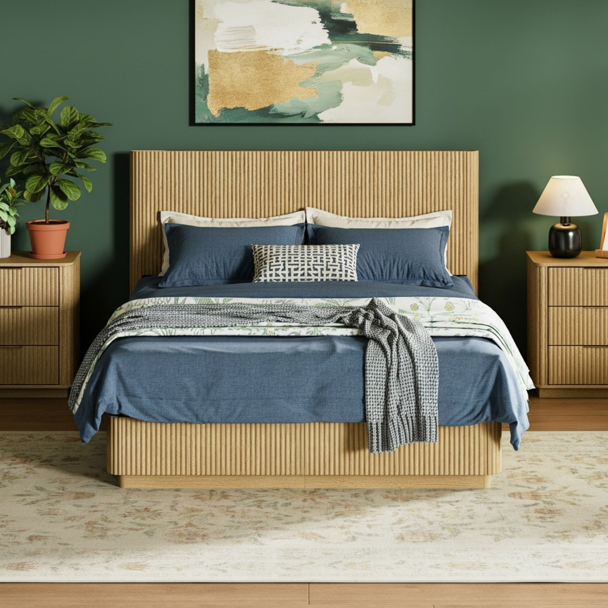 Sailvan Queen Bed Frame with LED Lights and Corrugated Curved Design