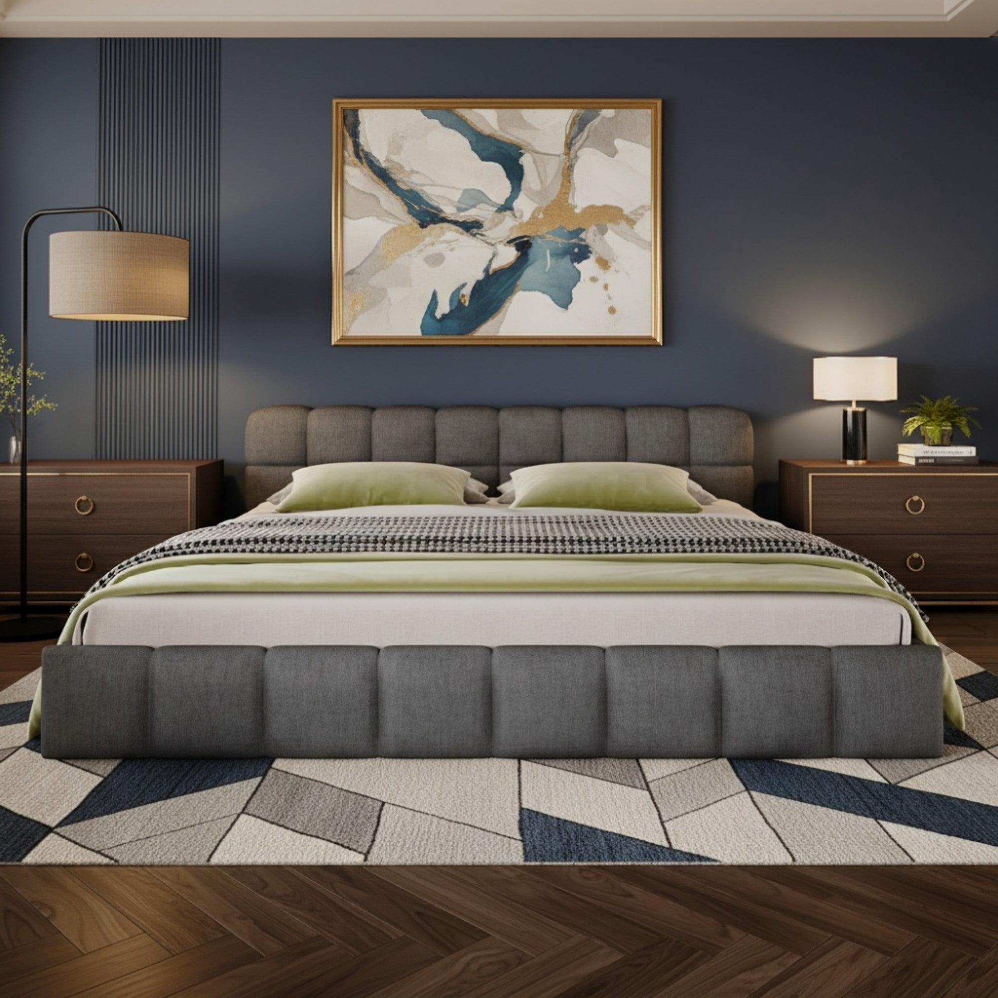 Sailvan Queen Chenille Upholstered Bed Frame,Modern Checkerboard Pattern Headboard,Soft Grey Fabric Platform Bed