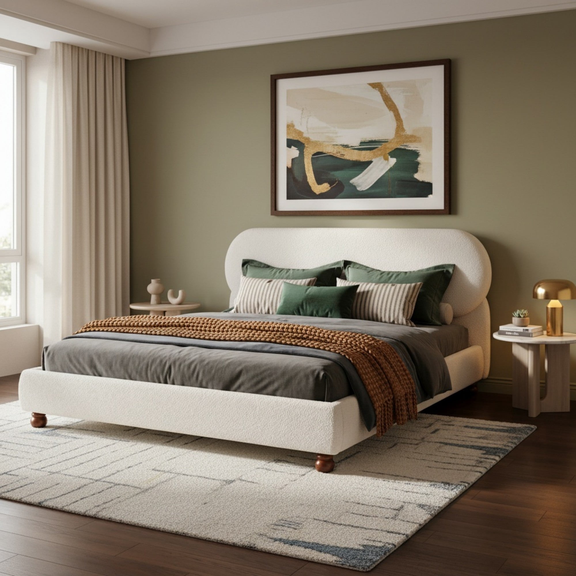 Sailvan Queen Cream Boucle Upholstered Bed,Modern Platform Bed Frame with Curved Headboard and Solid Rubber Wood Gourd Legs,800lb Support