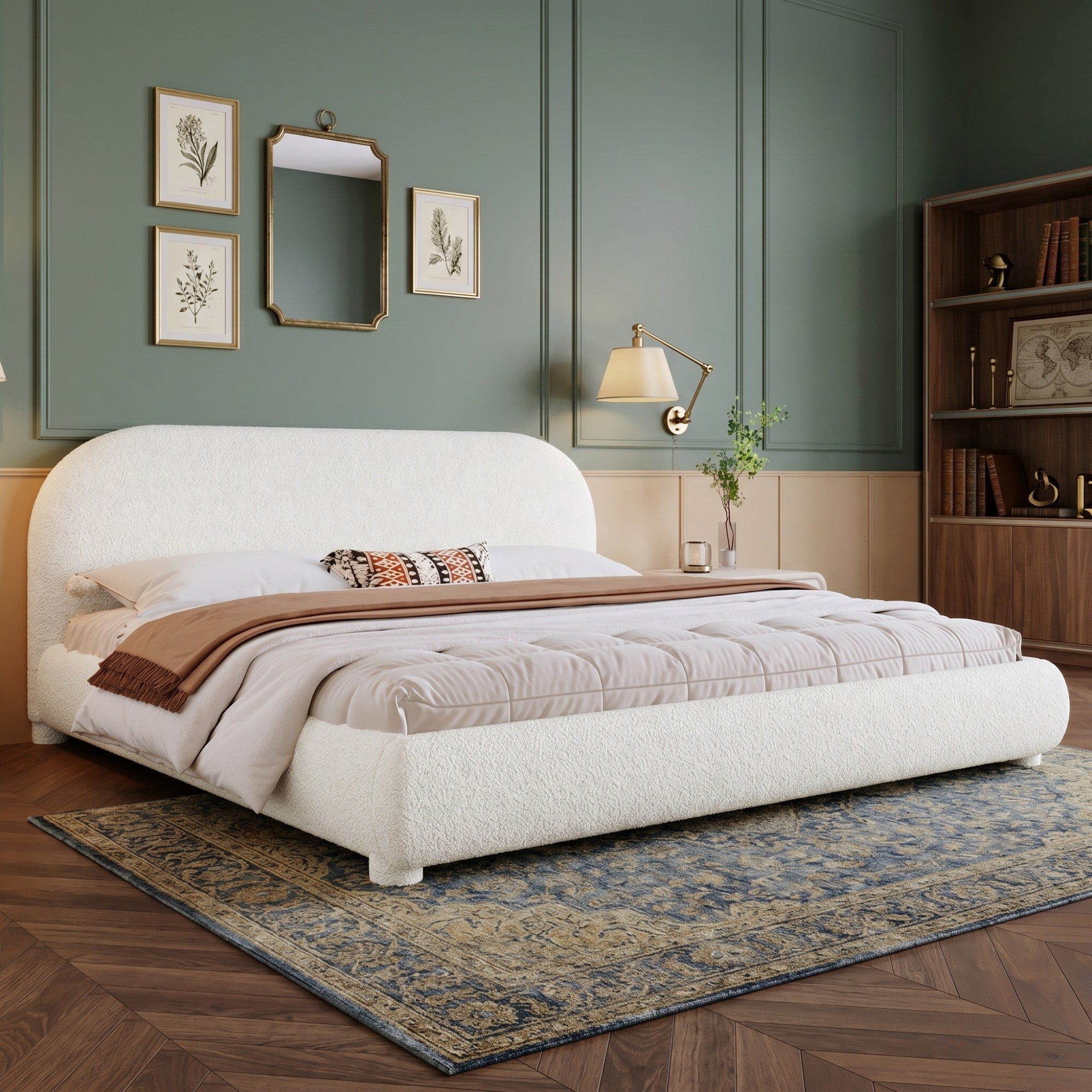 Sailvan Queen Cream Upholstered Bed Frame with Curved Headboard,Modern Textured Fabric Platform Bed,Heavy Duty 800lb Support,Cream White