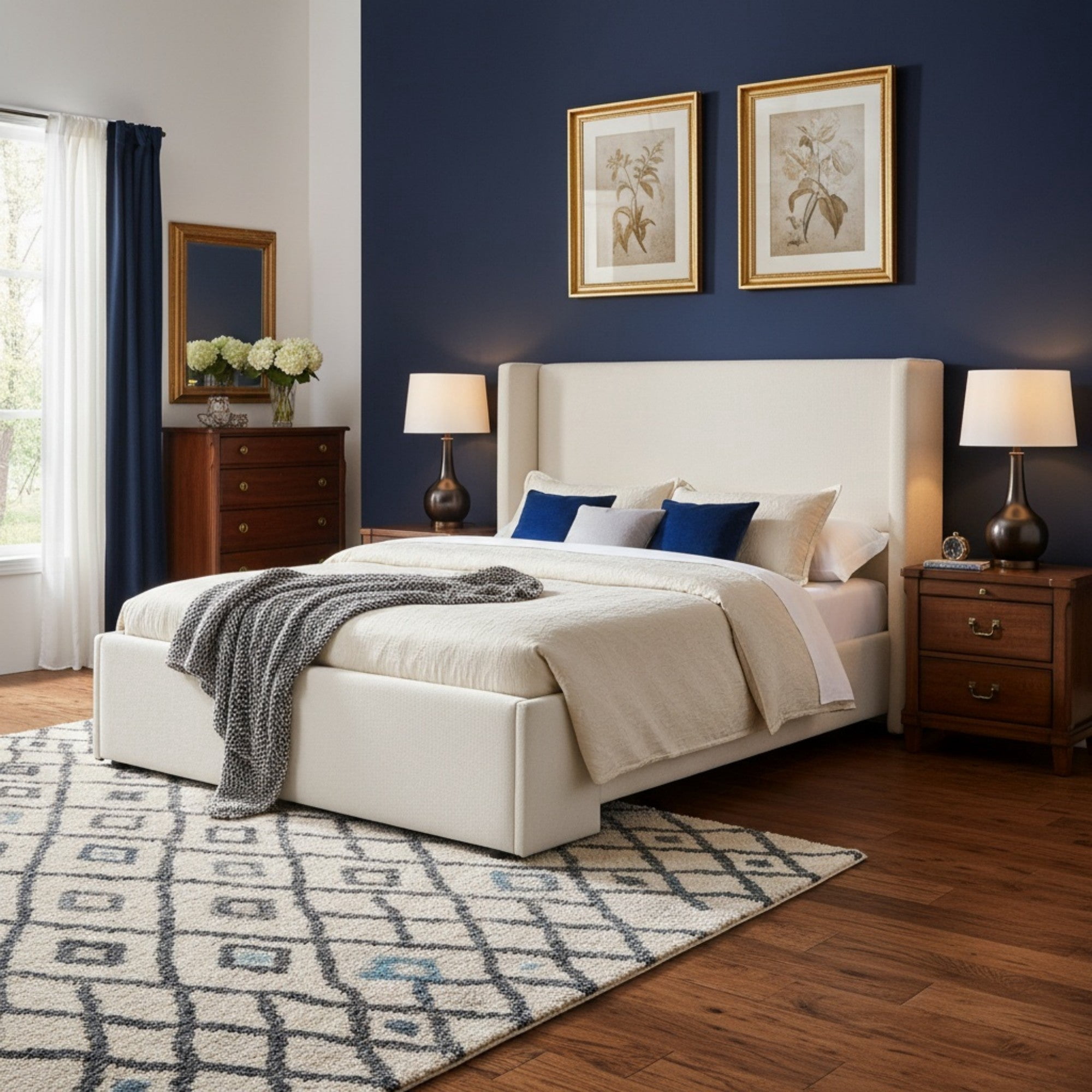 Sailvan Queen Elegant Fabric Upholstered Bed with Tall Wingback Headboard,Modern White Bed Frame for Bedroom,Queen and King Sizes