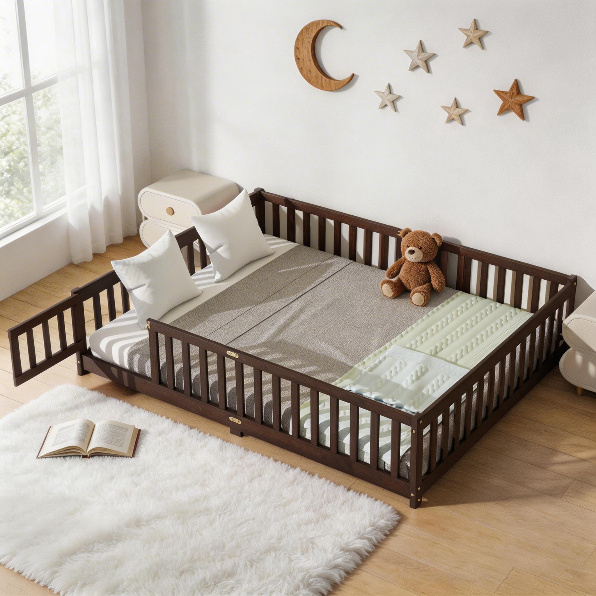 Sailvan Queen Floor Bed with Fence and Door, Solid Wood Kids Platform Bed Frame Espresso