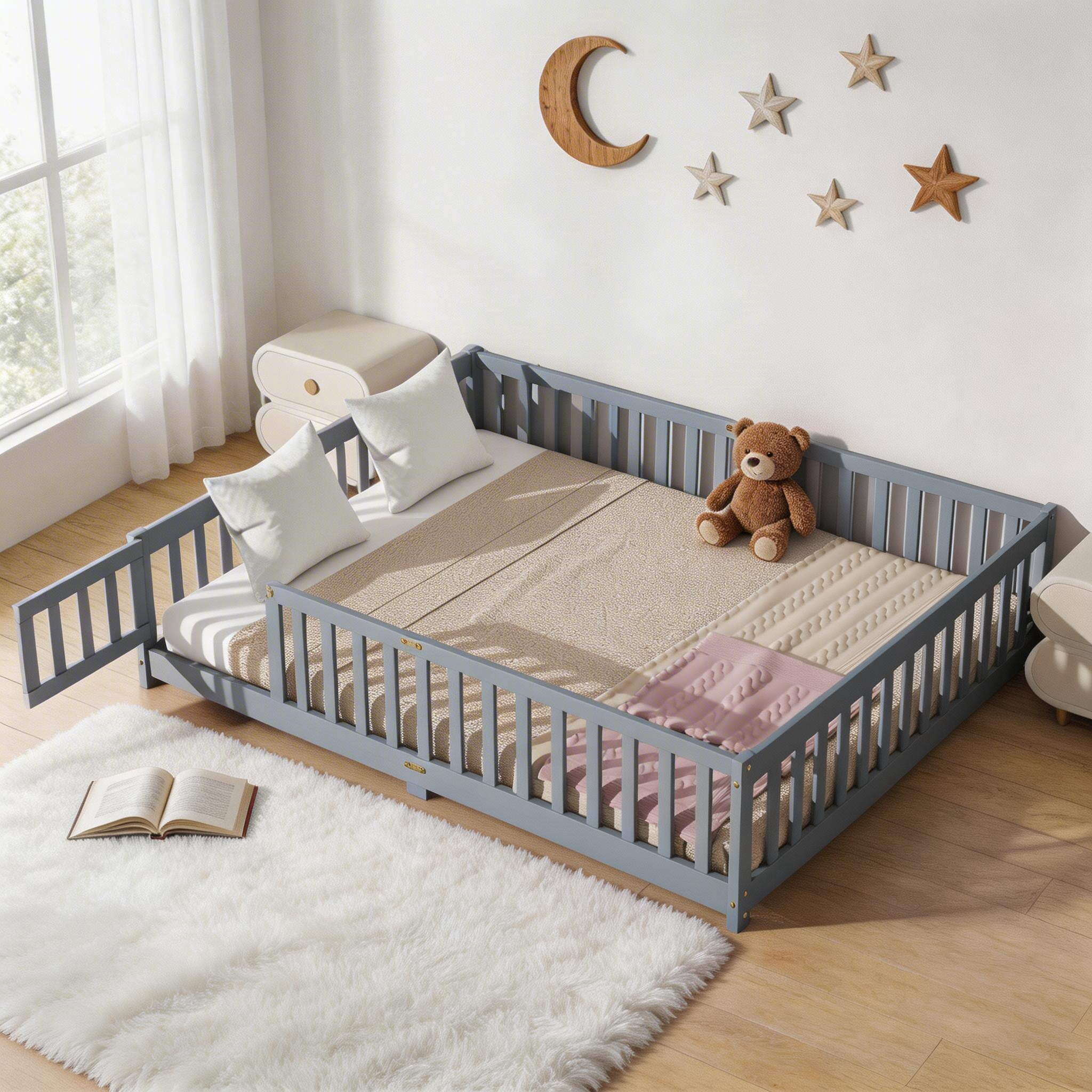 Sailvan Queen Floor Bed with Fence and Door, Solid Wood Kids Platform — free download
