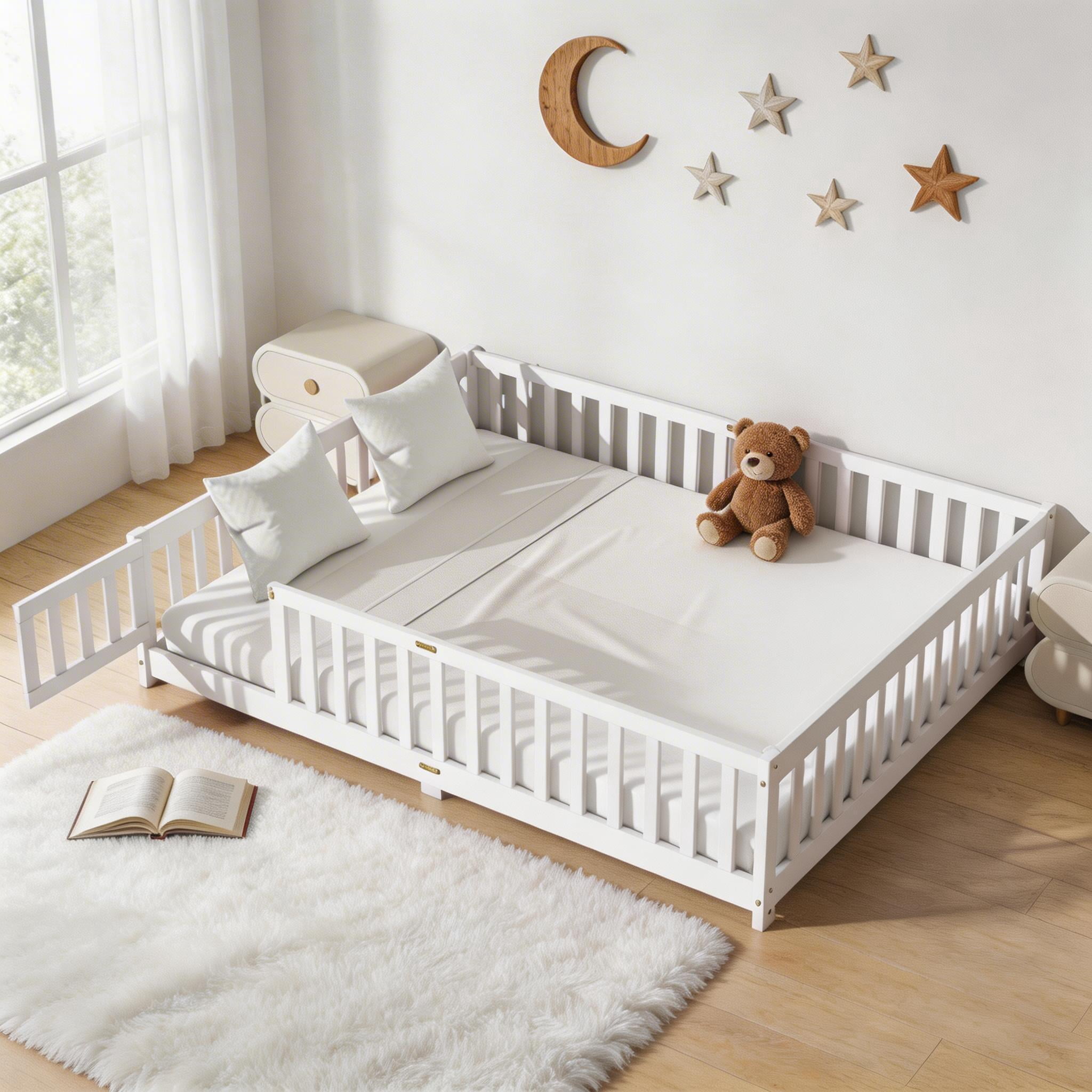 Sailvan Queen Floor Bed with Fence and Door, Solid Wood Kids Platform Bed Frame White