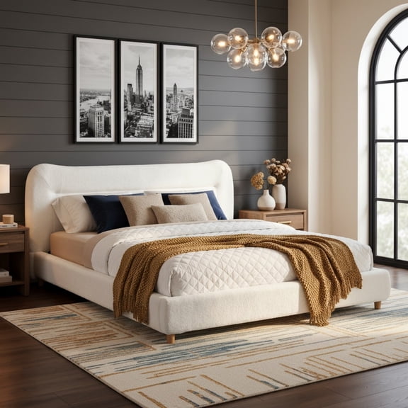 Sailvan Queen Minimalist Teddy Fleece Upholstered Bed Frame with Curved Headboard,Soft Plush Platform Bed,800lb Weight Capacity,Easy Assembly