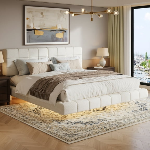 Sailvan Queen Modern Floating Bed Frame with LED Lights,White Boucle Upholstered Platform Bed with Rounded Safety Corners