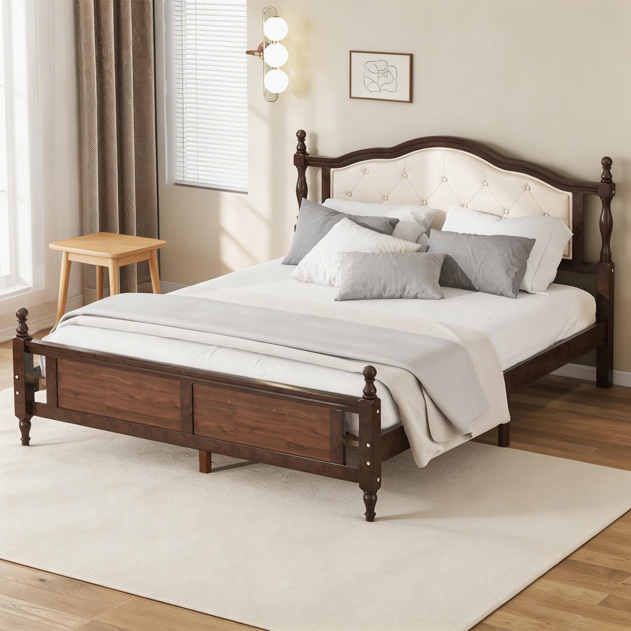 Sailvan Queen Pine Wood Platform Bed with Upholstered Headboard and Panel Footboard Walnut