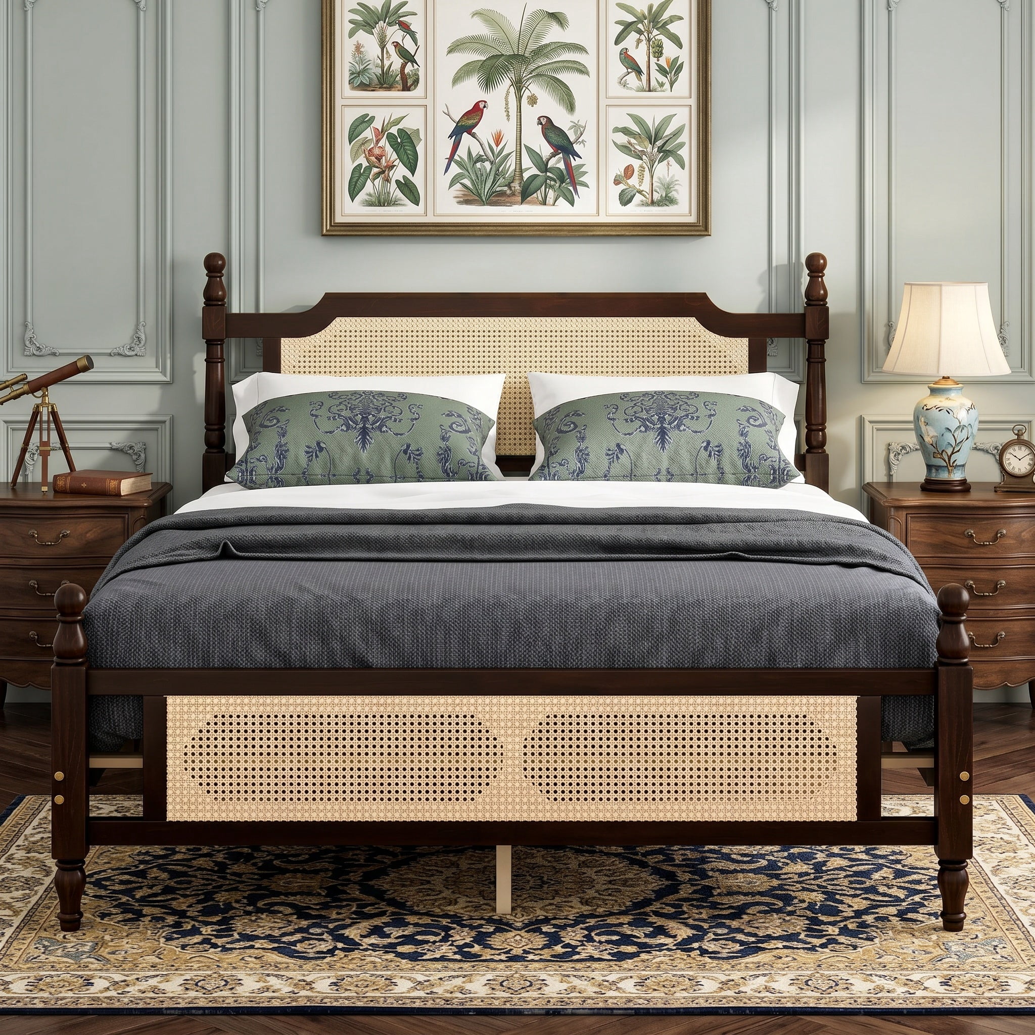 Sailvan Queen Pine wooden Bed with Rattan Headboard and Footboard, Central Enhanced Bed Platform