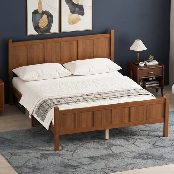 Sailvan Queen Platform Bed with Headboard & Footboard - Shaker Farmhouse Style Bed Frame with Wood Grain Finish & Under-Bed Storage Walnut