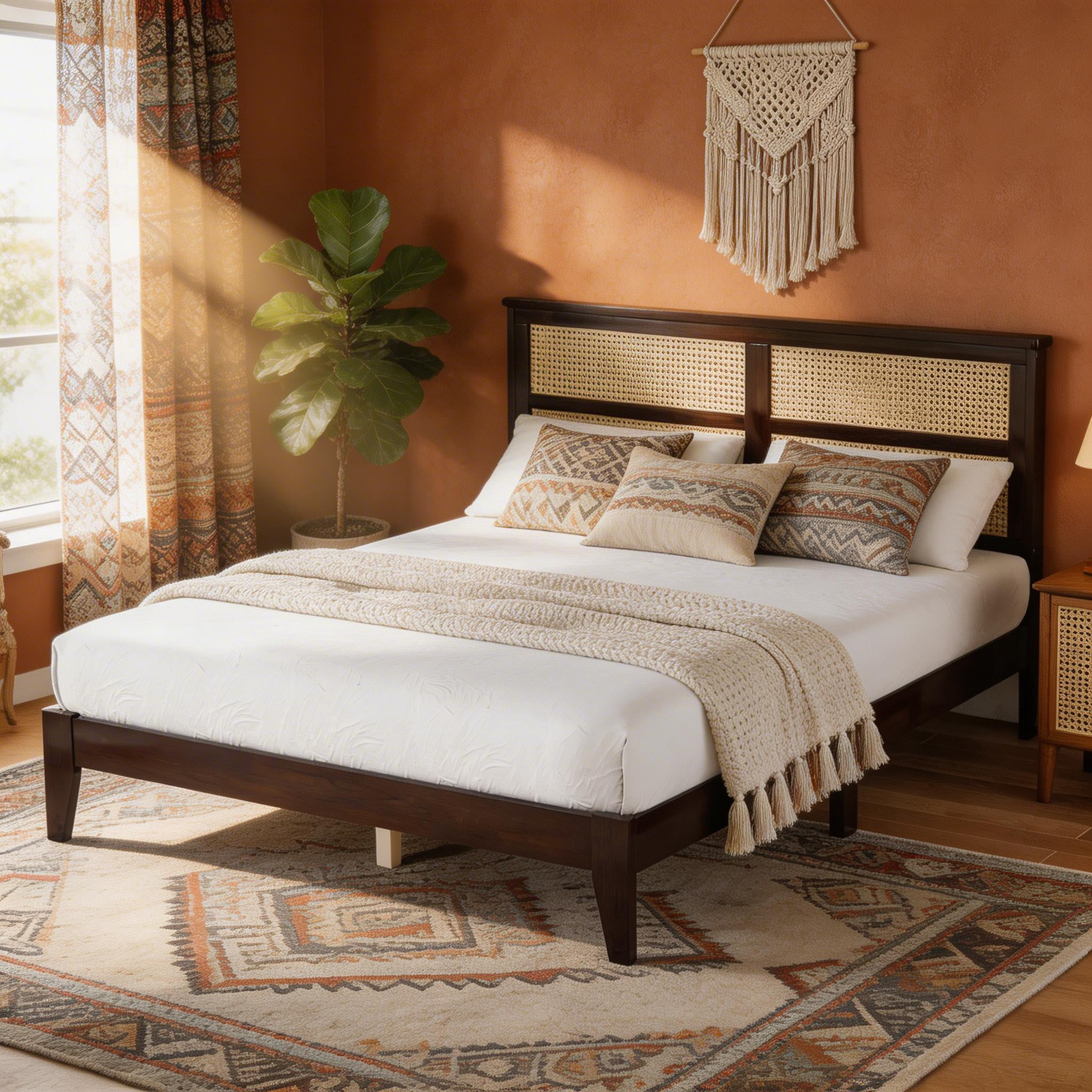 Sailvan Queen Rubber Wood Platform Bed Frame with Vintage Rattan Headboard and Support Feet Espresso
