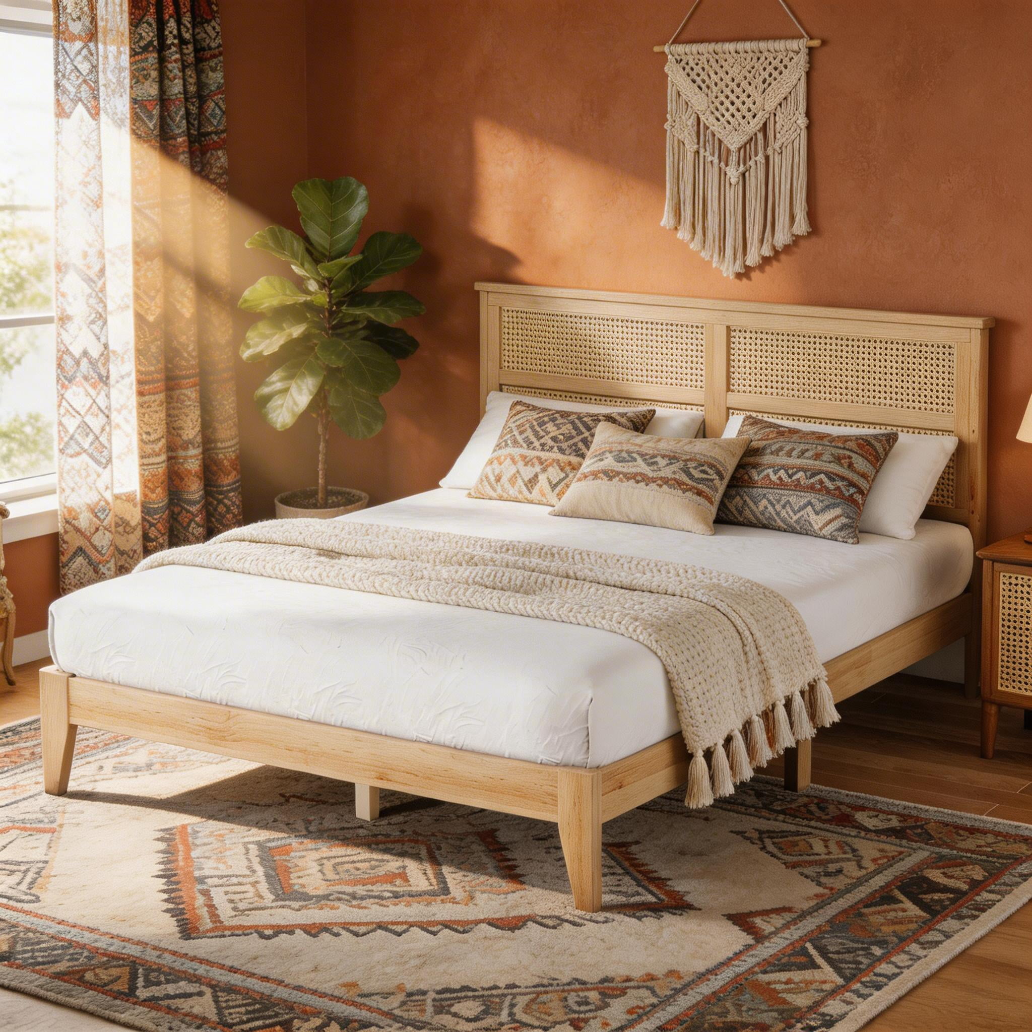 Sailvan Queen Rubber Wood Platform Bed Frame with Vintage Rattan Headboard and Support Feet Natural