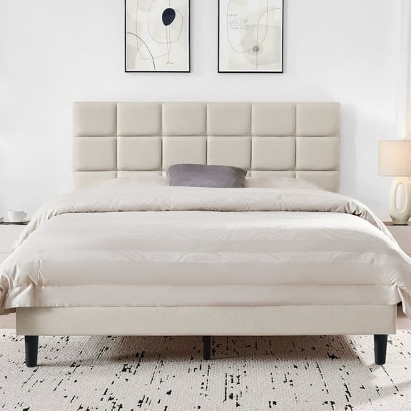 Sailvan Queen Bed Frame with Headboard, Upholstered Bed Frame Queen, Queen Size Wood Slats Bed Frame, With 1000LBS, Height Adjustable, No-Noise, Easy to Assemble, Beige White