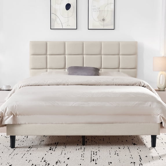 Sailvan Queen Bed Frame with Headboard, Upholstered Bed Frame Queen, Queen Size Wood Slats Bed Frame, With 1000LBS, Height Adjustable, No-Noise, Easy to Assemble, Beige White