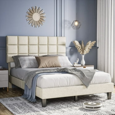 Sailvan Queen Bed Frame with Headboard, Queen Size Bed Frame with Upholstered, Wood Slats Support, No-Noise, Easy to Assemble, Beige