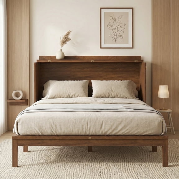 Sailvan Queen Size Murphy Bed, Pine Wood Cabinet Bed with Power Station & Rattan Decoration Panel