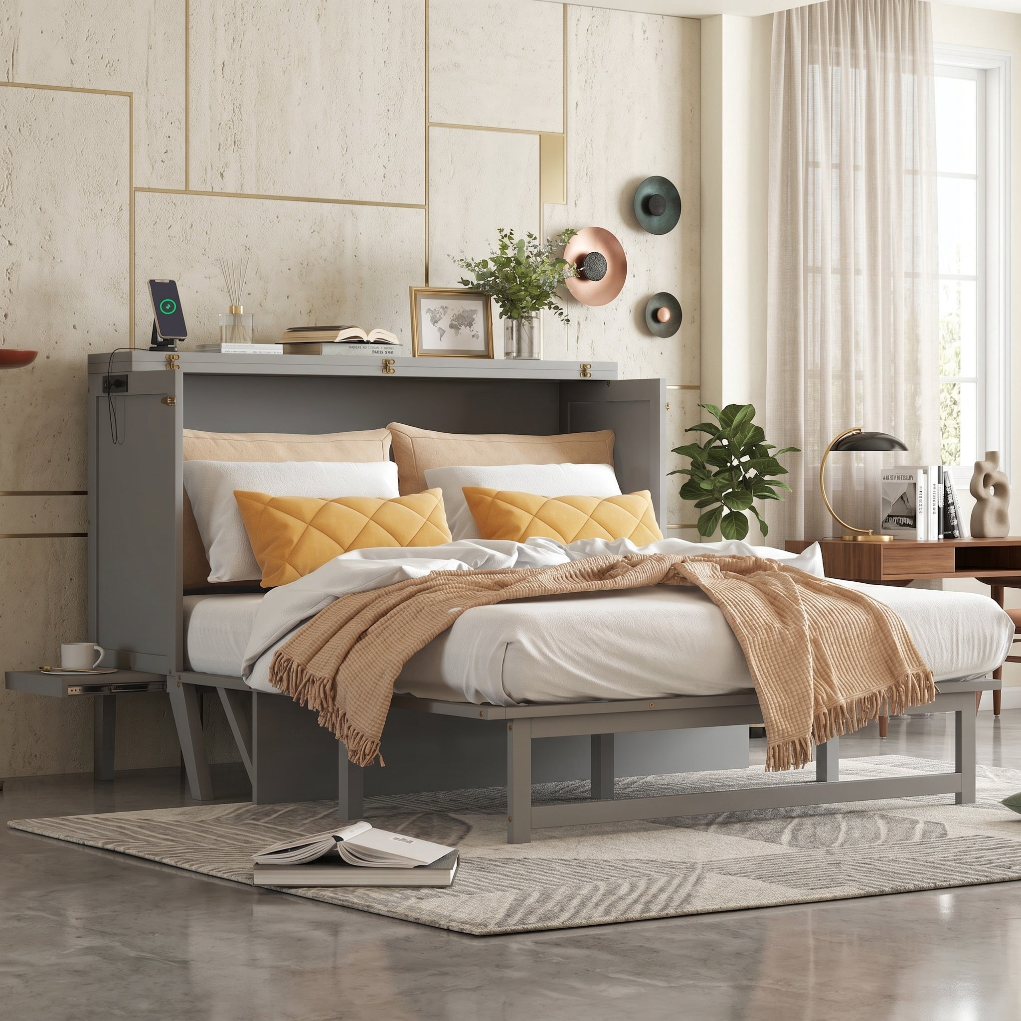 Sailvan Queen Size Murphy Bed with USB Port Shelves on Each Side, Solid Pine Murphy Cabinet Bed