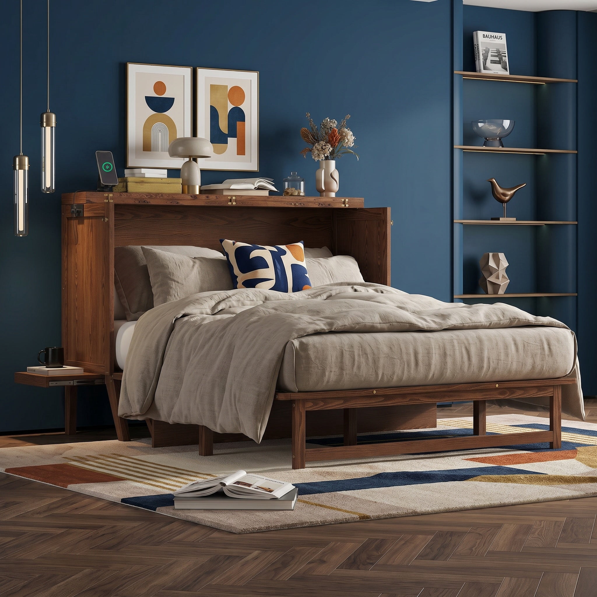 Sailvan Queen Size Murphy Bed with USB Port Shelves on Each Side, Solid Pine Murphy Cabinet Bed
