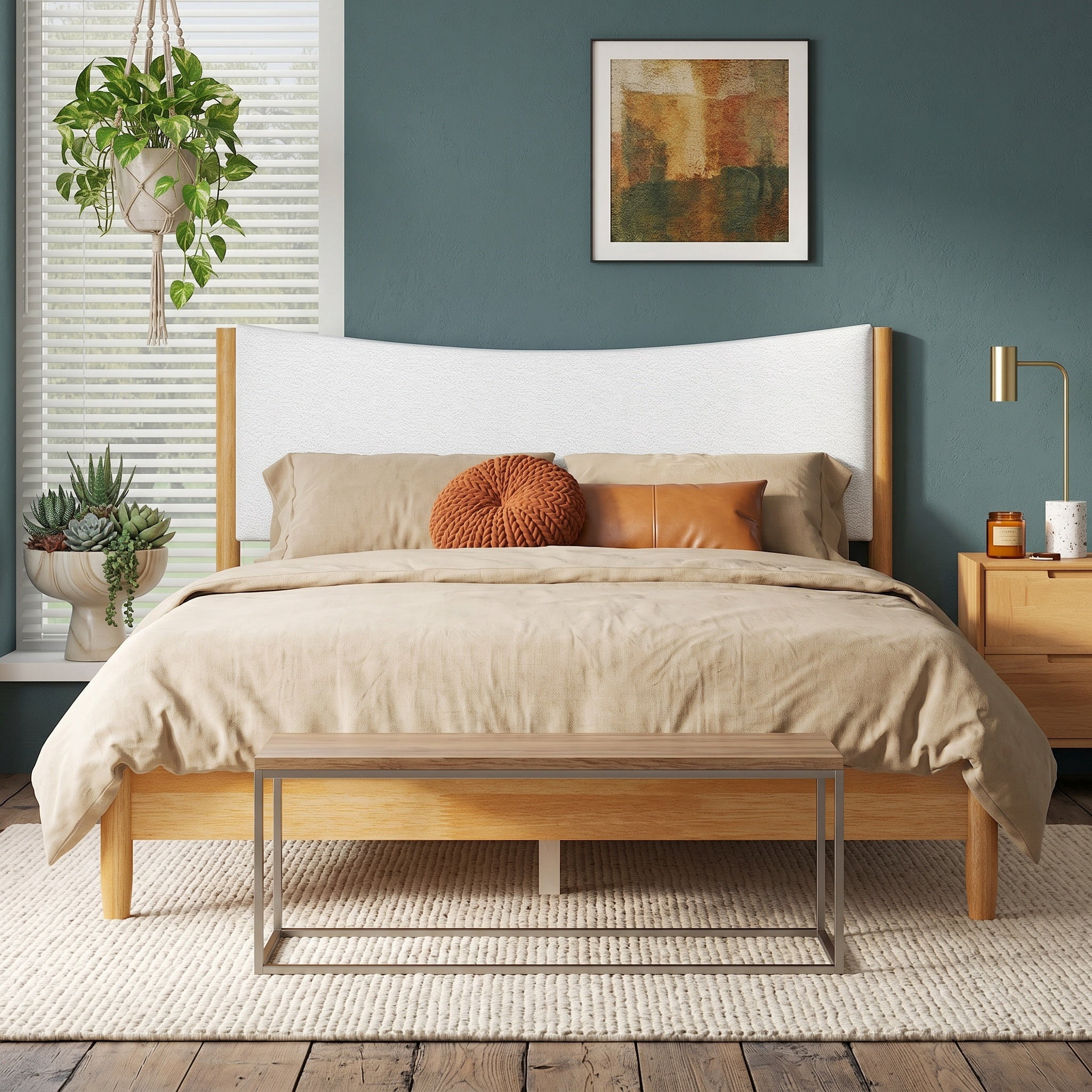 Sailvan Queen Size Solid Rubber Wooden Bed with Boucle Upholstered Headboard, Support Feet