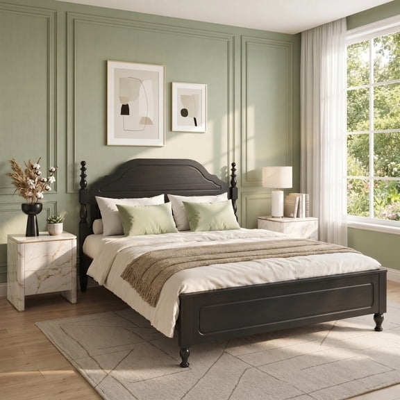 Sailvan Queen Wood Bed Frame with Headboard, Solid Wooden Platform Bed Frame Queen Size with 12" Under Storage, No Box Spring Needed, Noise Free, 1000lbs, Black