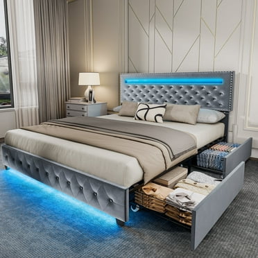 Sailvan Queen Bed Frame with Storage 4 Drawers, Queen Size Bed Frame with LED Lights & Headboard, Velvet Upholstered Bedframe, No Box Spring Needed, Gray