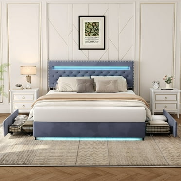Sailvan Queen Bed Frame with Drawers & LED Lights Headboard, Queen Size Bed Frame with Storage, Height Adjustable, No Box Spring Needed, Gray