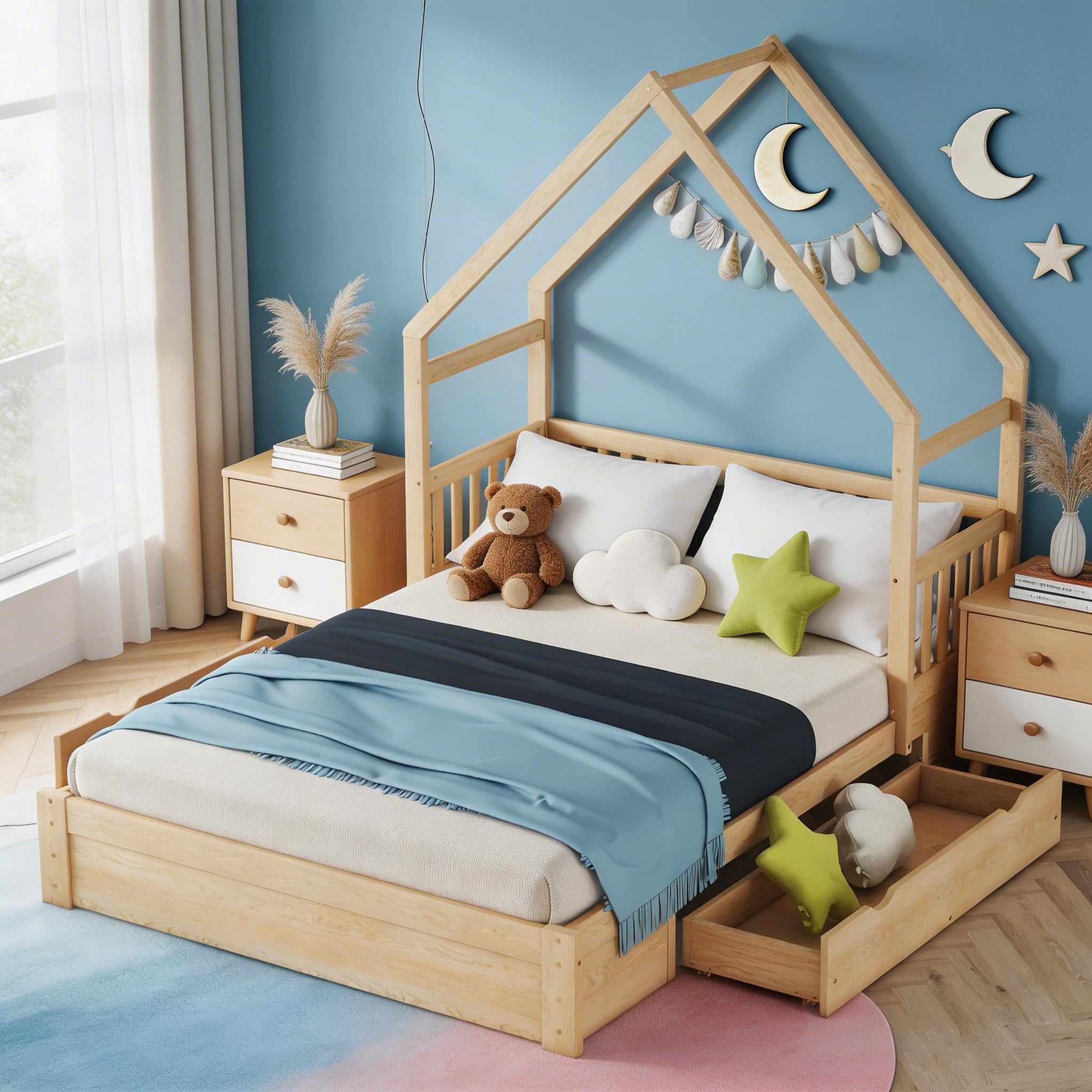 Sailvan Queen Wood House Platform Bed with Guardrail and 2 Storage Drawers Natural