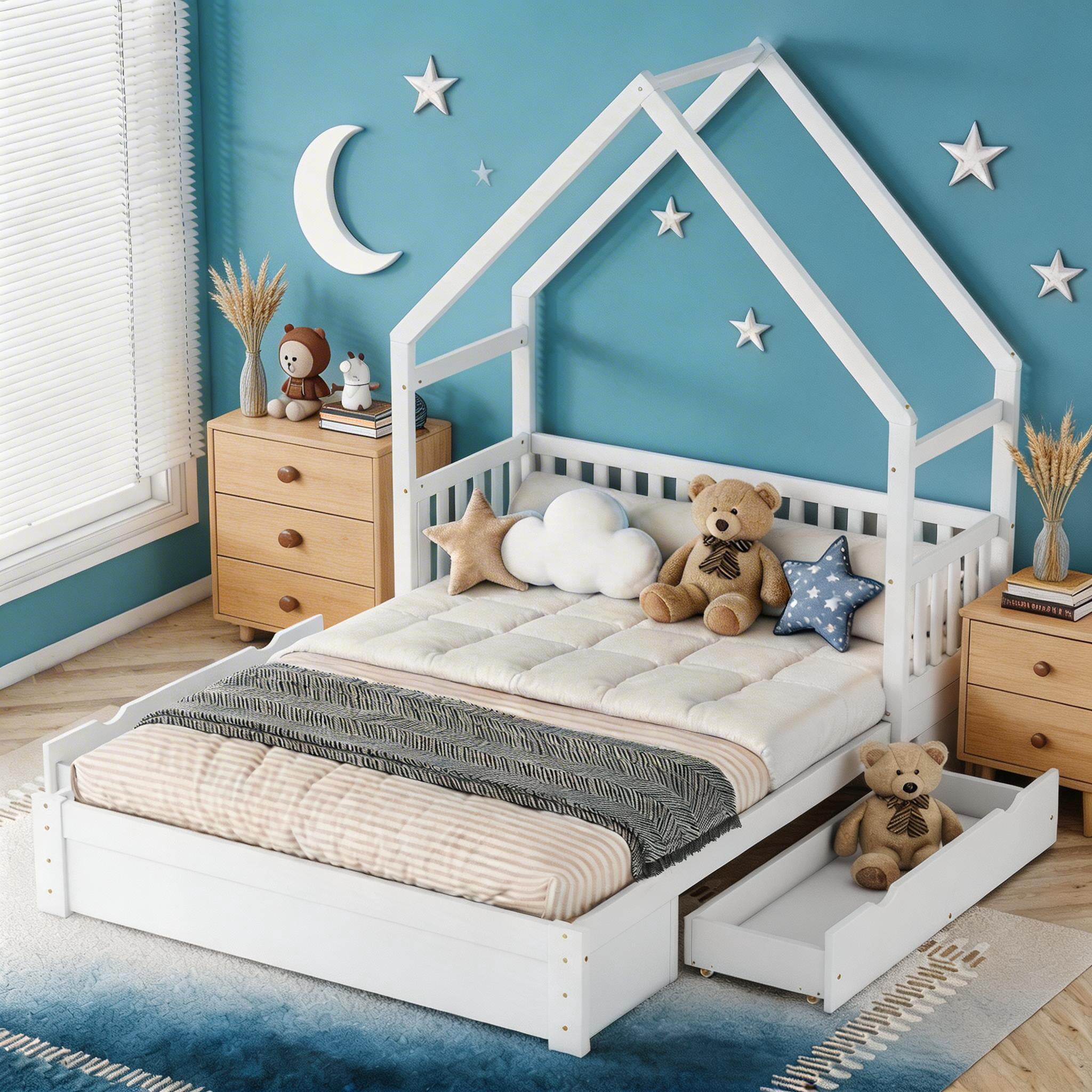 Sailvan Queen Wood House Platform Bed with Guardrail and 2 Storage Drawers White