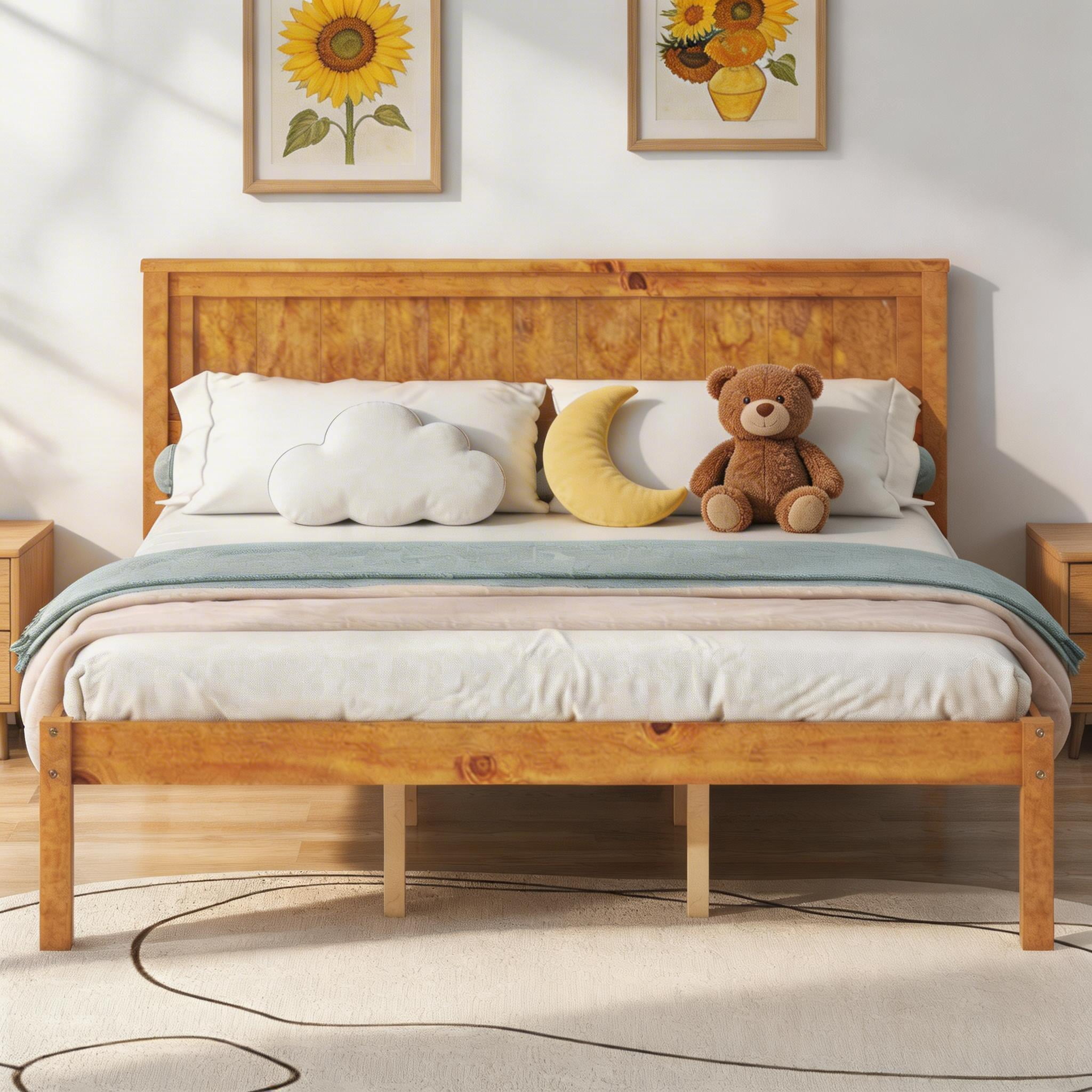 Sailvan Queen Wood Platform Bed Frame with Headboard and Slat Support, No Box Spring Needed Oak
